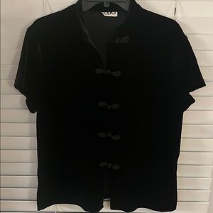 VINTAGE Clio Black Short Sleeve CHINESE PANKO VELVET BUTTON Down Shirt LG